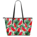White Palm Leaf Watermelon Pattern Print Leather Tote Bag With Zipper