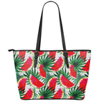 White Palm Leaf Watermelon Pattern Print Leather Tote Bag