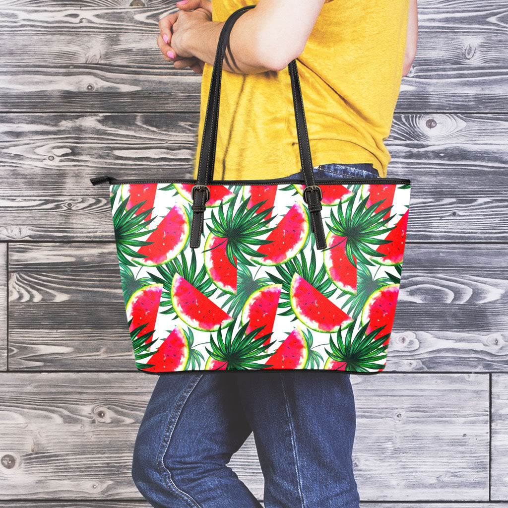 White Palm Leaf Watermelon Pattern Print Leather Tote Bag