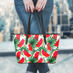 White Palm Leaf Watermelon Pattern Print Leather Tote Bag