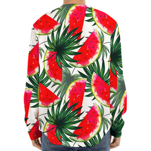 White Palm Leaf Watermelon Pattern Print Long Sleeve Baseball Jersey