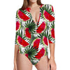 White Palm Leaf Watermelon Pattern Print Long Sleeve Swimsuit