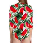 White Palm Leaf Watermelon Pattern Print Long Sleeve Swimsuit