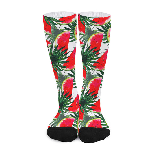 White Palm Leaf Watermelon Pattern Print Long Socks