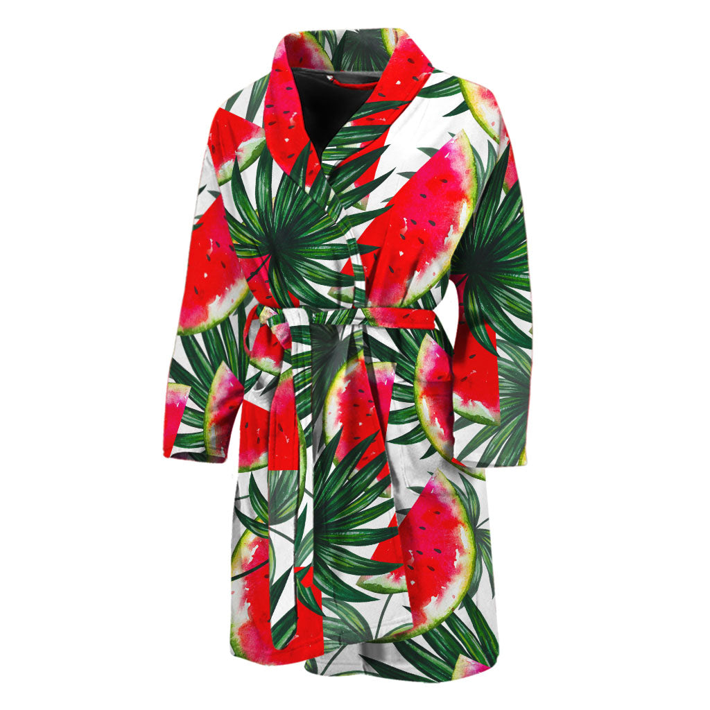 White Palm Leaf Watermelon Pattern Print Men's Bathrobe