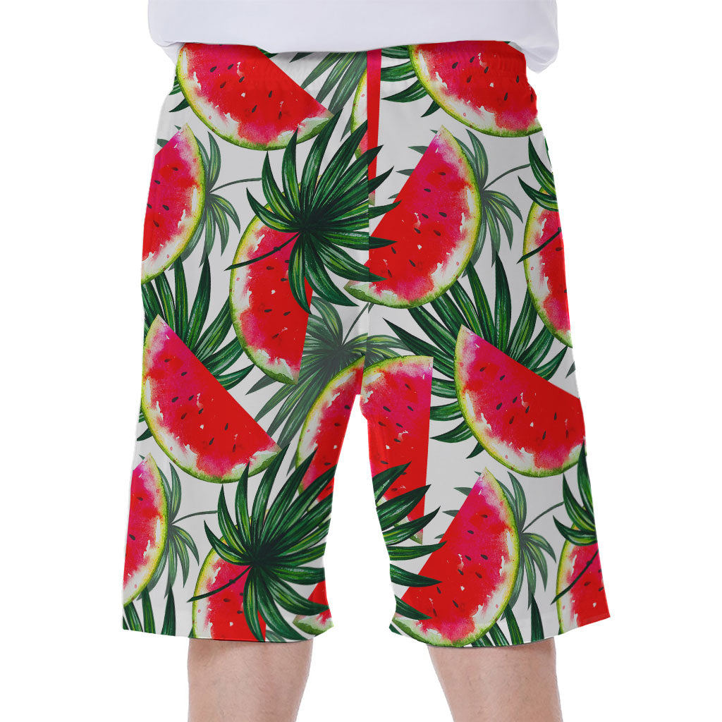 White Palm Leaf Watermelon Pattern Print Men's Beach Shorts