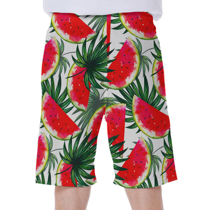 White Palm Leaf Watermelon Pattern Print Men's Beach Shorts