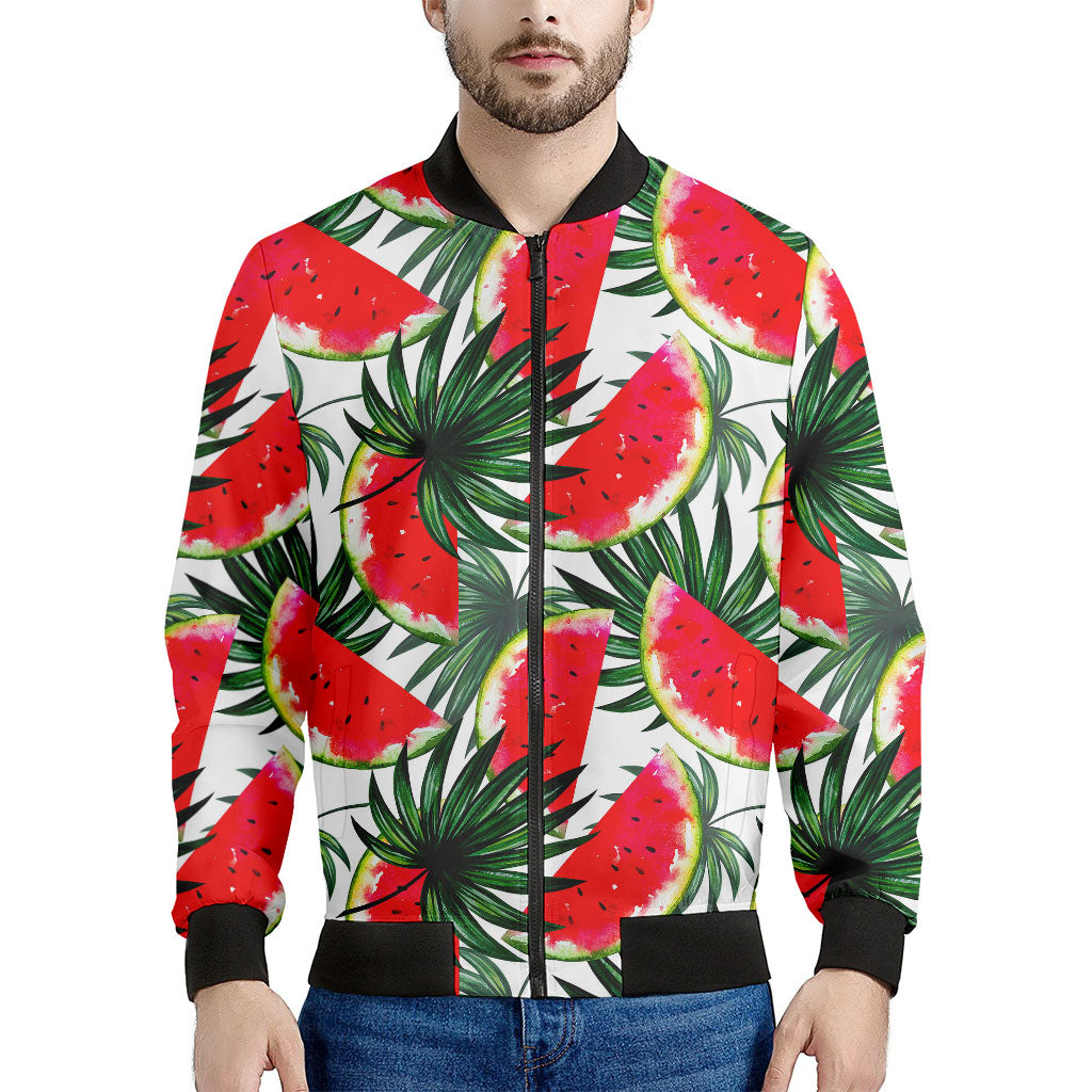 White Palm Leaf Watermelon Pattern Print Men's Bomber Jacket