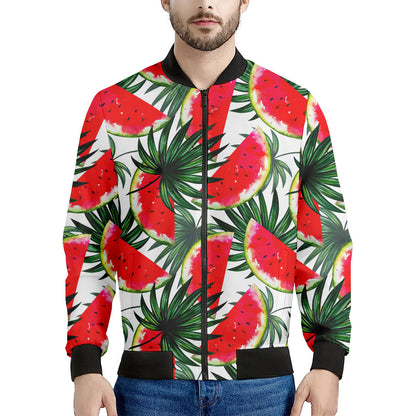 White Palm Leaf Watermelon Pattern Print Men's Bomber Jacket