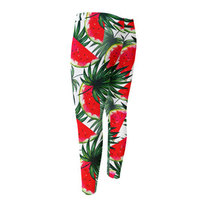White Palm Leaf Watermelon Pattern Print Men's Compression Pants