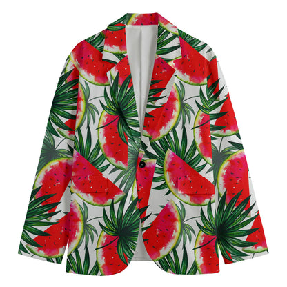 White Palm Leaf Watermelon Pattern Print Men's Cotton Blazer