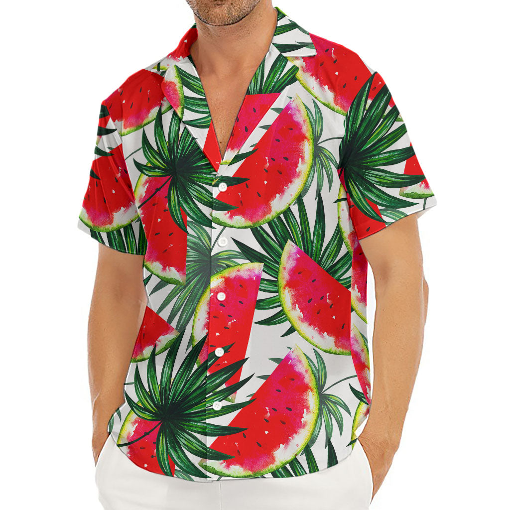 White Palm Leaf Watermelon Pattern Print Men's Deep V-Neck Shirt