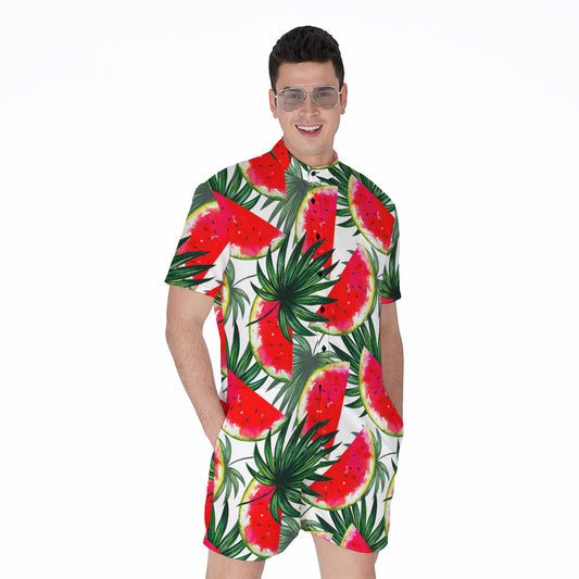 White Palm Leaf Watermelon Pattern Print Men's Rompers