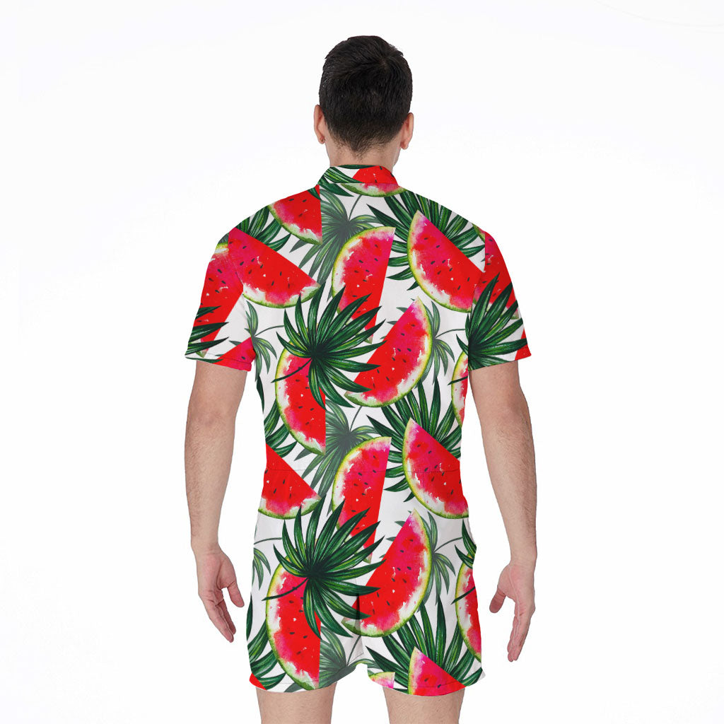 White Palm Leaf Watermelon Pattern Print Men's Rompers