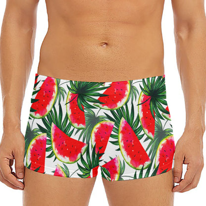 White Palm Leaf Watermelon Pattern Print Men's Short Boxer Briefs