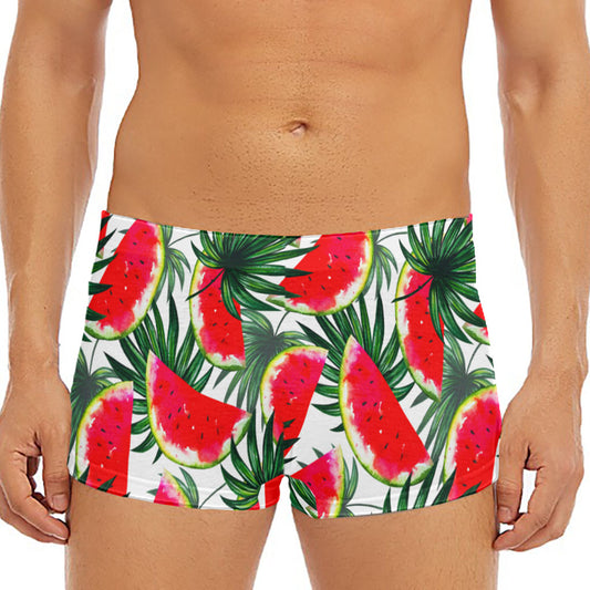 White Palm Leaf Watermelon Pattern Print Men's Short Boxer Briefs