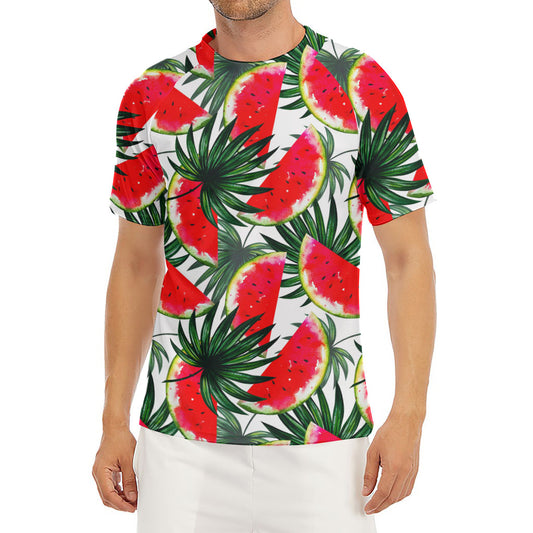 White Palm Leaf Watermelon Pattern Print Men's Short Sleeve Rash Guard