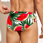 White Palm Leaf Watermelon Pattern Print Men's Swim Briefs