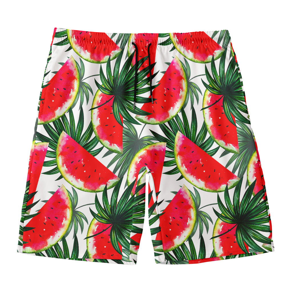 White Palm Leaf Watermelon Pattern Print Men's Swim Trunks