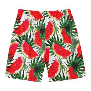 White Palm Leaf Watermelon Pattern Print Men's Swim Trunks