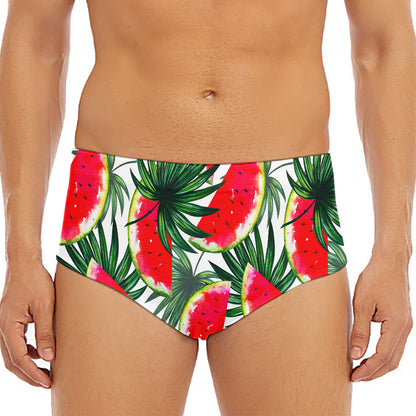 White Palm Leaf Watermelon Pattern Print Men's Triangle Swim Briefs