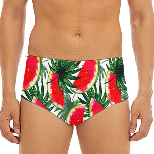 White Palm Leaf Watermelon Pattern Print Men's Triangle Swim Briefs