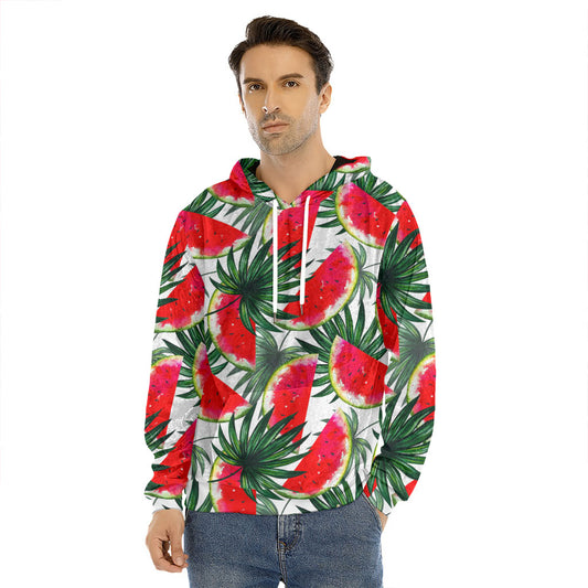 White Palm Leaf Watermelon Pattern Print Men's Velvet Pullover Hoodie