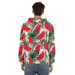 White Palm Leaf Watermelon Pattern Print Men's Velvet Pullover Hoodie