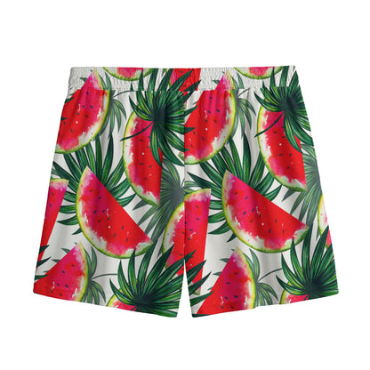 White Palm Leaf Watermelon Pattern Print Mesh Shorts