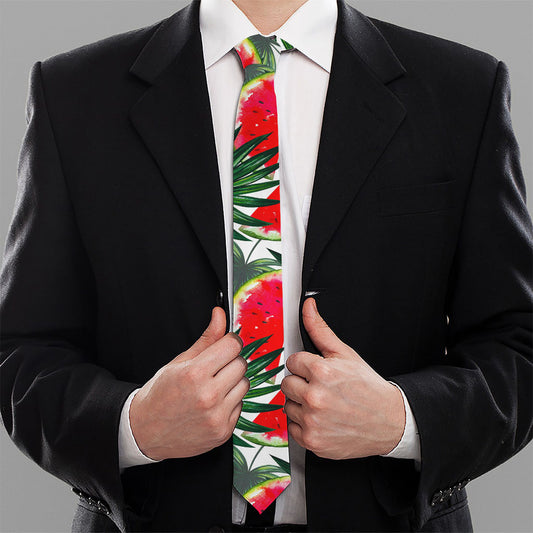 White Palm Leaf Watermelon Pattern Print Necktie