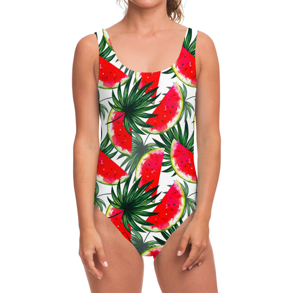 White Palm Leaf Watermelon Pattern Print One Piece Swimsuit