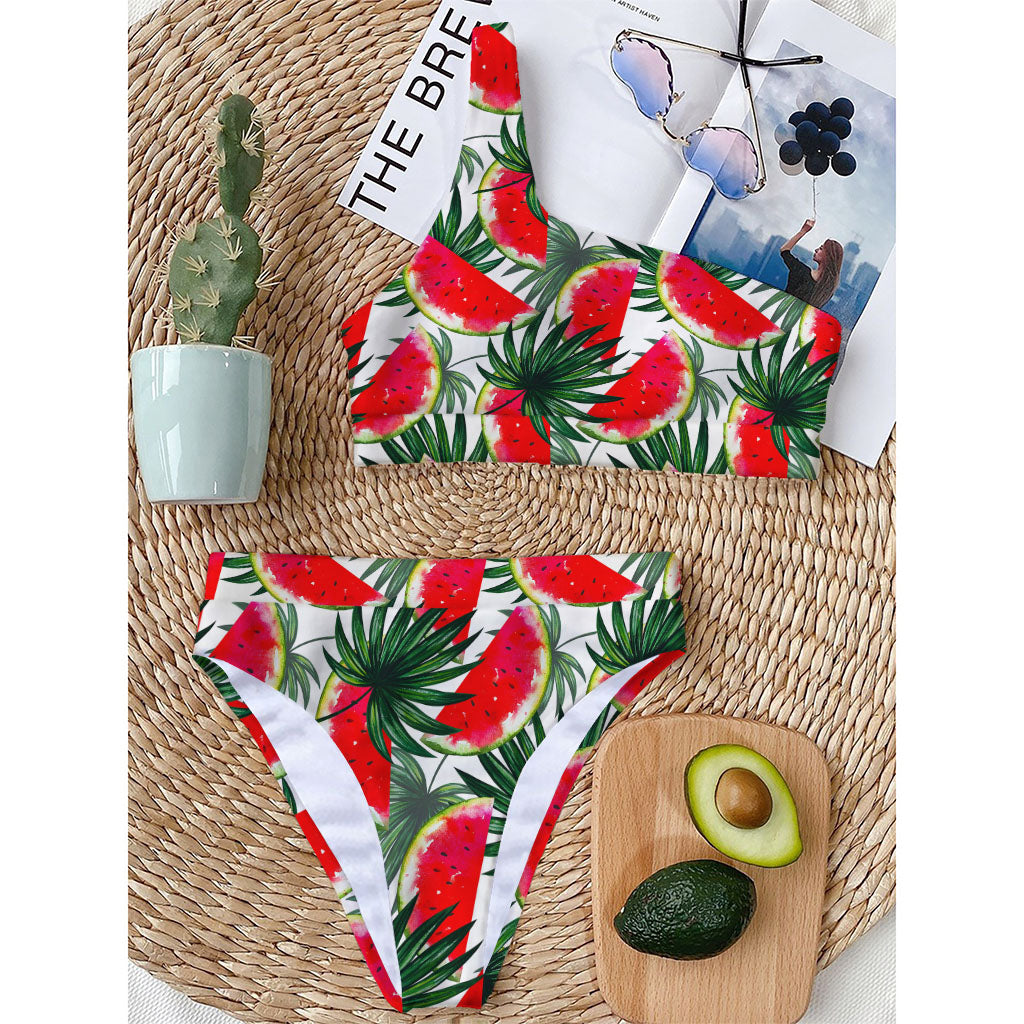White Palm Leaf Watermelon Pattern Print One Shoulder Bikini Top