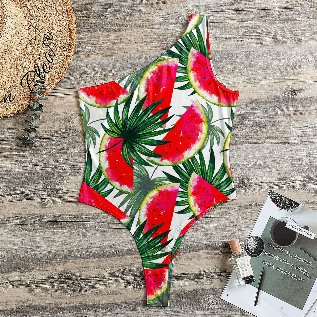 White Palm Leaf Watermelon Pattern Print One Shoulder Bodysuit