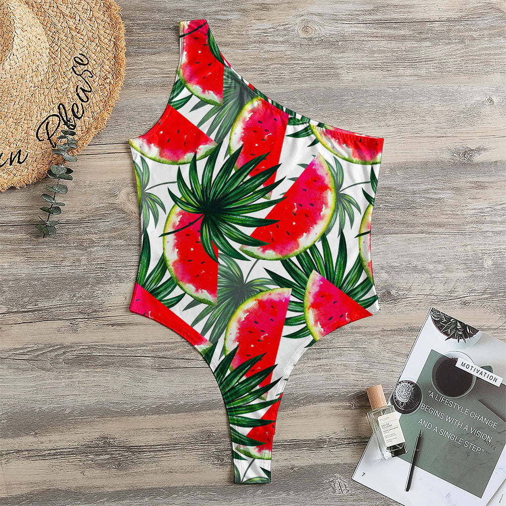 White Palm Leaf Watermelon Pattern Print One Shoulder Bodysuit