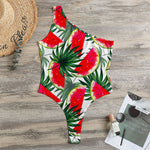 White Palm Leaf Watermelon Pattern Print One Shoulder Bodysuit