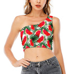 White Palm Leaf Watermelon Pattern Print One Shoulder Crop Top