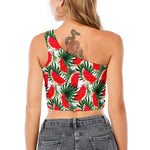 White Palm Leaf Watermelon Pattern Print One Shoulder Crop Top