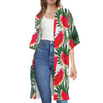 White Palm Leaf Watermelon Pattern Print Open Front Beach Cover Up