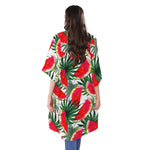 White Palm Leaf Watermelon Pattern Print Open Front Beach Cover Up