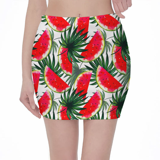 White Palm Leaf Watermelon Pattern Print Pencil Mini Skirt