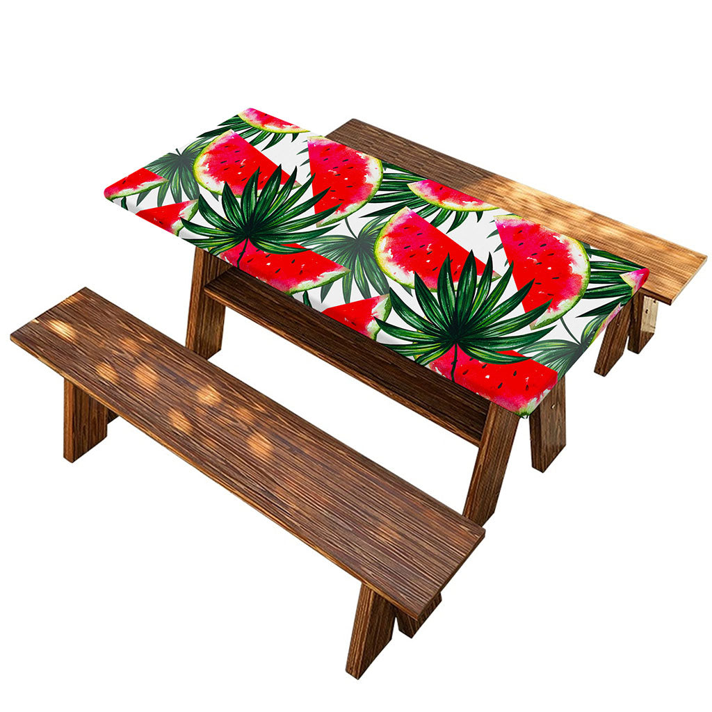 White Palm Leaf Watermelon Pattern Print Picnic Table Cover