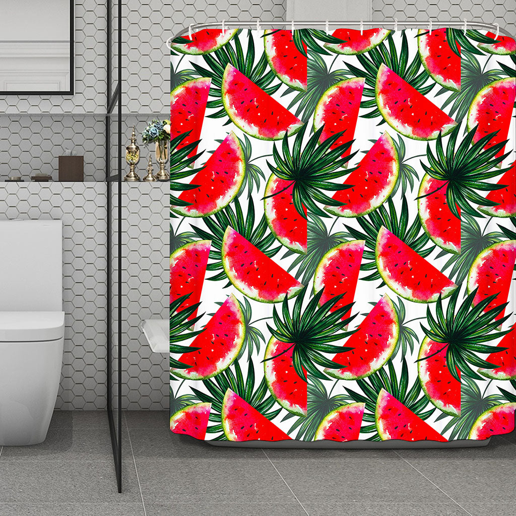 White Palm Leaf Watermelon Pattern Print Polyester Shower Curtain