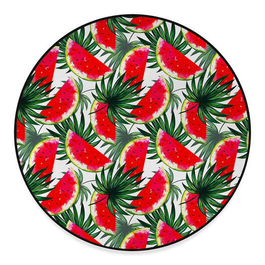 White Palm Leaf Watermelon Pattern Print Round Floor Mat