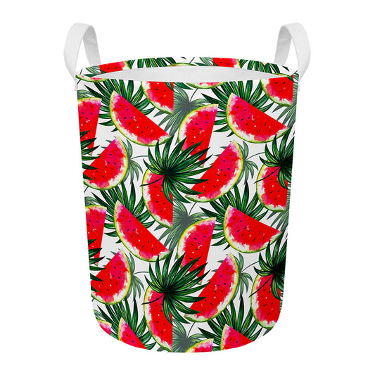 White Palm Leaf Watermelon Pattern Print Round Laundry Basket