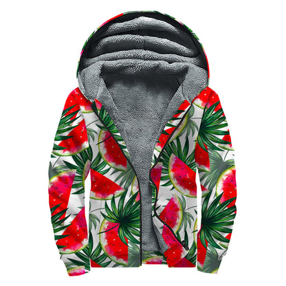 White Palm Leaf Watermelon Pattern Print Sherpa Lined Zip Up Hoodie