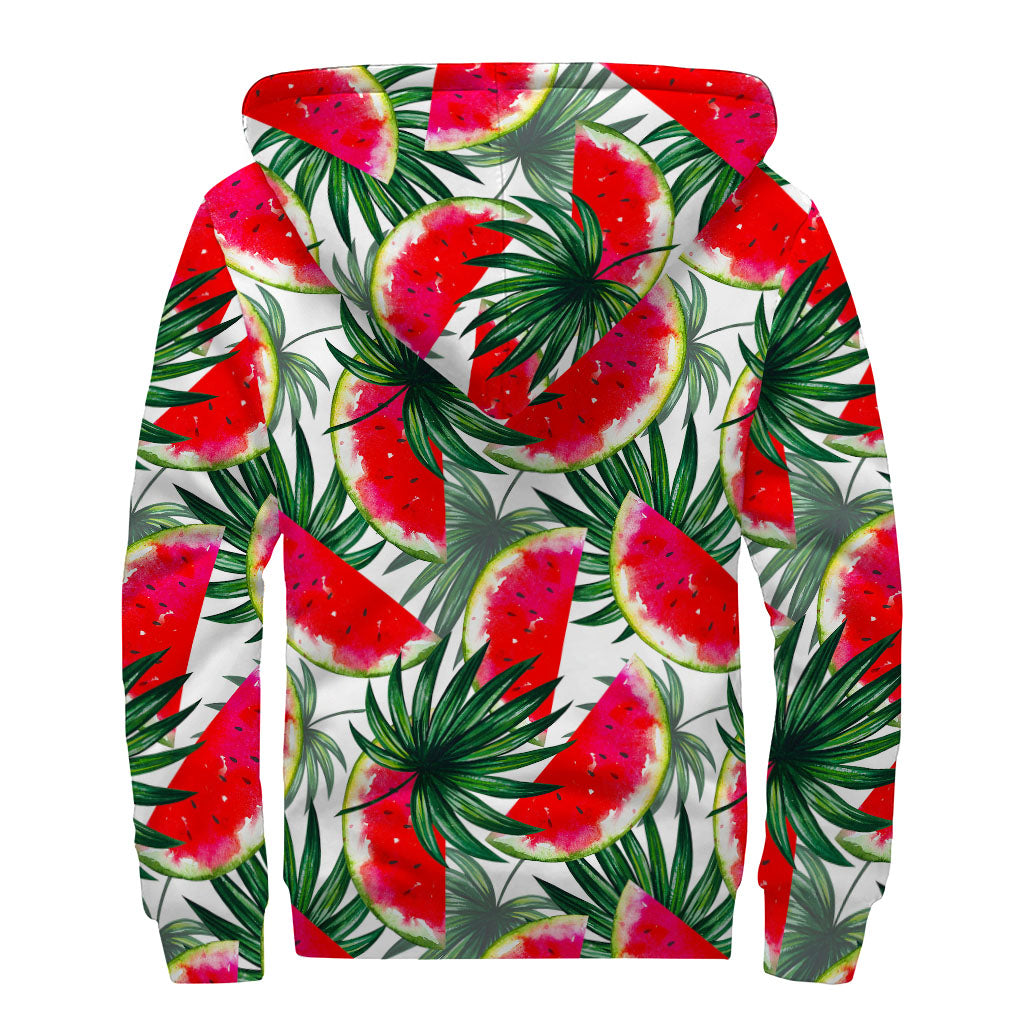 White Palm Leaf Watermelon Pattern Print Sherpa Lined Zip Up Hoodie