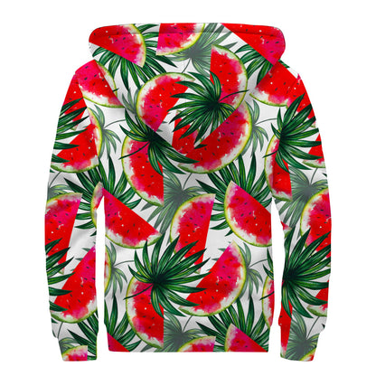 White Palm Leaf Watermelon Pattern Print Sherpa Lined Zip Up Hoodie
