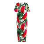 White Palm Leaf Watermelon Pattern Print Short Sleeve Long Nightdress