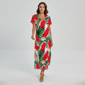 White Palm Leaf Watermelon Pattern Print Short Sleeve Maxi Dress