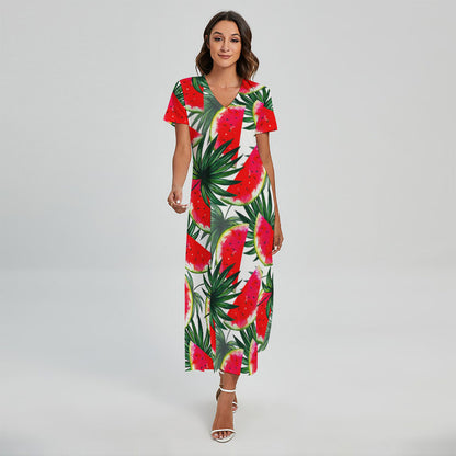 White Palm Leaf Watermelon Pattern Print Short Sleeve Maxi Dress